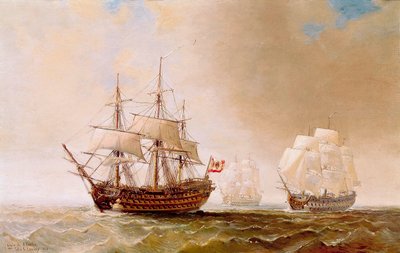 İspanyol gemisi San Hermenegildo, 21.10.1805 tarihindeki Trafalgar Muharebesi sırasında: Amiral Villeneuve komutasındaki Fransız-İspanyol filosunu, Koramiral Nelson komutasındaki İngiliz filosuyla karşı karşıya getirdi. 19. yüzyıldan kalma anonim tablo by Unbekannter Künstler