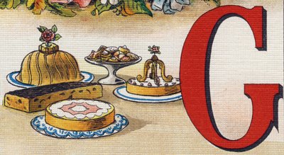 G harfi: kekler. "Alphabet de ma petite fille" gravürü. Bernardin-Bechet ve Fils, kitapçı-yayıncılar, Paris, 1895 civarı. Tuval üzerine kırılmaz albüm. Bibliotheque des Bebes. 12 sayfa. Bir okuma yöntemi ve açıklayıcı bir abecedar içeren albüm by Unbekannt