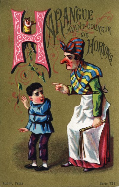 H Harfi: Horion koşucusundan önce harangue. "Alphabet des grotesques" de gravür. Dore bir arka plan üzerinde 25 reklam kromolitograf serisi, 19. yüzyılın sonlarında. Karartma: 11x7 cm by Unbekannt