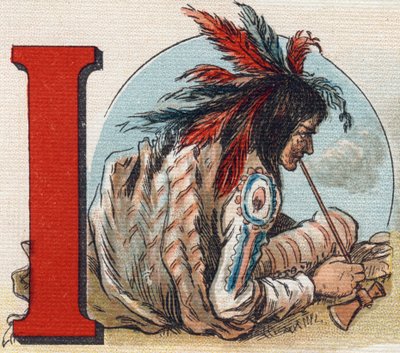 Harf I: Amerikan Kızılderili. "Alphabet de ma petite fille" gravürü. Bernardin-Bechet ve Fils, kitapçı-yayıncılar, Paris, 1895 civarı. Tuval üzerine kırılmaz albüm. Bibliotheque des Bebes. 12 sayfa. Bir okuma yöntemi ve bir illüstrativ içeren albüm by Unbekannt