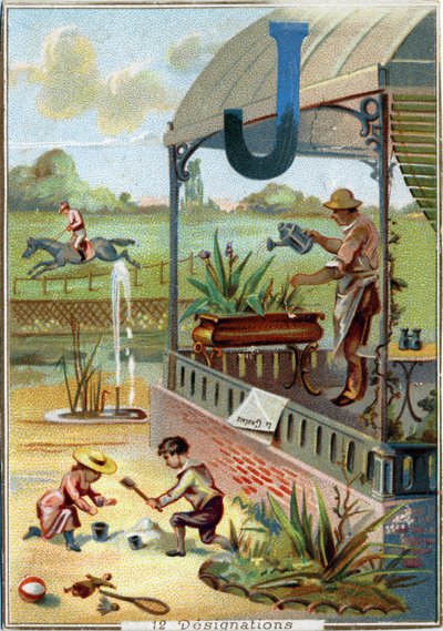 J harfi: bahçe; oyun; oyuncaklar; jokey; bahçıvan; bahçıvan; dürbün; jet; gazete. alfabe. Her görüntüde, temsilleri sahnelenen bir dizi şanlı kelime vardır. Paris Litografisinin kromolitografları, yaklaşık 1890. Dim: 10,7x7,5cm by Unbekannt