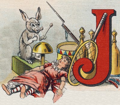 J harfi: oyuncaklar. "Alphabet de ma petite fille" gravürü. Bernardin-Bechet ve Fils, kitapçı-yayıncılar, Paris, 1895 civarı. Tuval üzerine kırılmaz albüm. Bibliotheque des Bebes. 12 sayfa. Bir okuma yöntemi ve açıklayıcı bir abecedary içeren albüm by Unbekannt