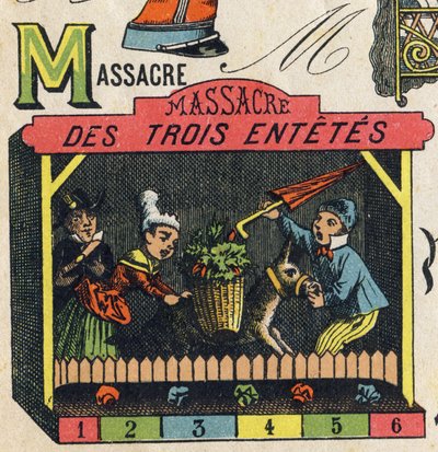 M harfi "ABC Oyuncakları"nda gravür. 1890 dolaylarında kromolitografide epinal görüntüleme. 8 sayfalık küçük kitapçık. Dim: 195x135mm, 4. kapakta reklam almak için tasarlanmıştır. Evde kullanır, şanlı bir abecedary ve küçük bir okuma yöntemi sunar. by Unbekannt