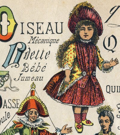 O harfi "ABC Oyuncakları"nda gravür. 1890 dolaylarında kromolitografide epinal görüntüleme. 8 sayfalık küçük kitapçık. Dim: 195x135mm, 4. kapakta reklam almak için tasarlanmıştır. Evde kullanır, şanlı bir abecedary ve küçük bir okuma yöntemi sunar. by Unbekannt