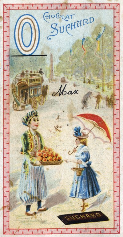 O harfi: omnibus, osmanlı, şemsiye, oriflame, turuncu, dikilitaş, ayı. 20. yüzyılın başlarında Chocolat Suchard tarafından düzenlenen Alfabenin gravürü. Görüntüde keşfedilecek yerleri, karakterleri ve nesneleri temsil eden 24 kromolitograf. Di by Unbekannt