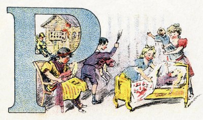 Harf P: Bebek Polichinelle. Fosfatin Faliere Alfabesi . Oymak. Brevete alfabesi S.G.D.G. eczacı Pierre Emile Falières tarafından. Kromolitografideki çizimler, 19. yüzyılın sonlarında. 16 sayfa. Karartma: 103x154mm by Unbekannt