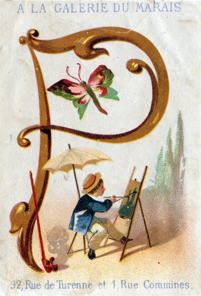 P harfi: ressam, kelebek, şemsiye, boru. Alfabe Art Nouveau: 25 reklam kromolitograf serisi. 19. yüzyılın sonlarında Alfred Clarey tarafından litografi. 115x75mm karartma by Unbekannter Künstler