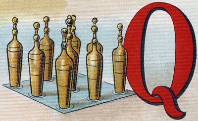 Omurga olarak Q harfi. "Alphabet de ma petite fille" gravürü. Bernardin-Bechet ve Fils, kitapçı-yayıncılar, Paris, 1895 civarı. Tuval üzerine kırılmaz albüm. Bibliotheque des Bebes. 12 sayfa. Bir okuma yöntemi ve açıklayıcı bir abeceda içeren albüm by Unbekannt