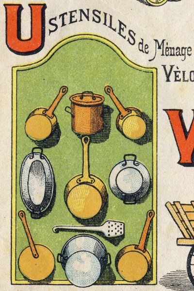 U harfi Cocote, soba, sincap, tencere... "ABC Oyuncaklar" gravürü. 1890 dolaylarında kromolitografide epinal görüntüleme. 8 sayfalık küçük kitapçık. Dim: 195x135mm, 4. kapakta reklam almak için tasarlanmıştır. Evde kullanır, şanlı bir ab sunar by Unbekannt