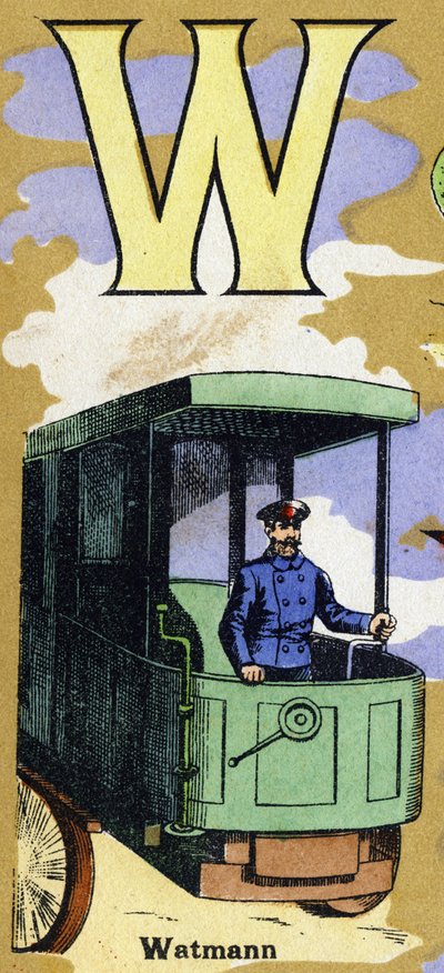 W harfi, tren sürücüsü olan Watmann gibi. Resimli alfabe. Görüntüler 20. yüzyılın başında Jarville-Nancy