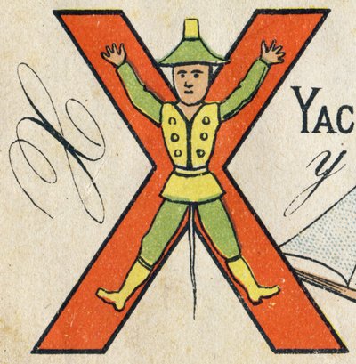 X Harfi. “ABC Oyuncakları”nda gravür. Kromolitografide epinal görüntüleme, yaklaşık 1890. 8 sayfalık küçük kitapçık. Dim: 195x135mm, 4. kapakta reklam almak için tasarlanmıştır. Evde kullanılır, şanlı bir çocuk ve küçük bir okuma sunar. yöntem . by Unbekannt