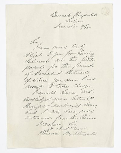 Florence Nightingale tarafından Scutari Barrack Hastanesi'ndeyken yazılan mektup (kağıt üzerine mürekkep) by Unbekannt