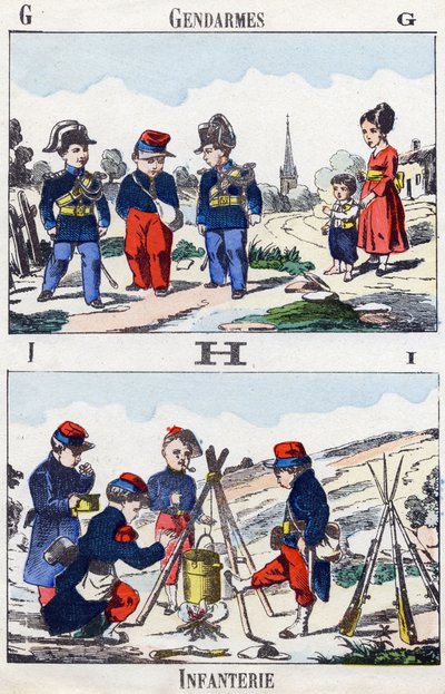 Harfler G H I: Jandarma ve Piyade. "Alphabet militaire enfantin"deki gravür”. 1890 dolaylarında Pont-a-Mousson görüntüleri. 20 sayfa. Karartma: 28,5x21cm by Unbekannt