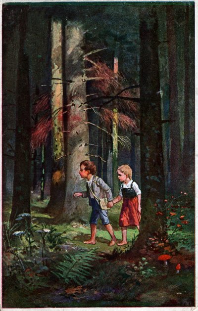 Edebiyat. Peri masalları. Hansel ve Gretel ormanda kayboldu. Grimm Kardeşler'in hikayesi için Otto Kubel'in illüstrasyonu. Kartpostal, Almanya, 1900 dolayları. by Unbekannter Künstler