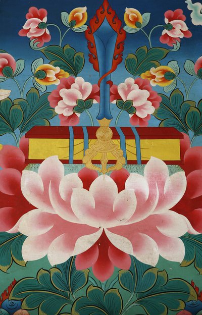 Lotus çiçeği, bilgi kılıcı ve kutsal metin. Kopan Manastırı, Katmandu, Nepal by Unbekannt