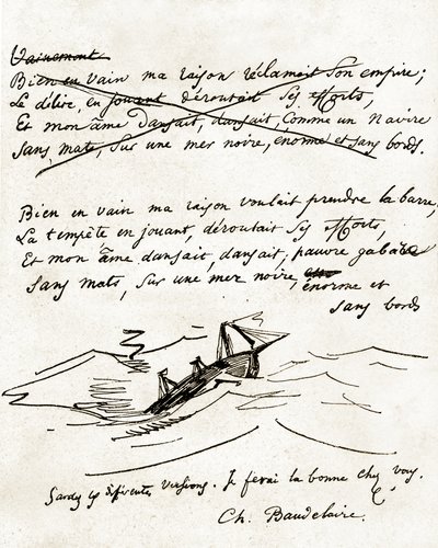 Charles Baudelaire'in el yazması, bir tekne çizimiyle resmedilmiştir. by Unbekannter Künstler