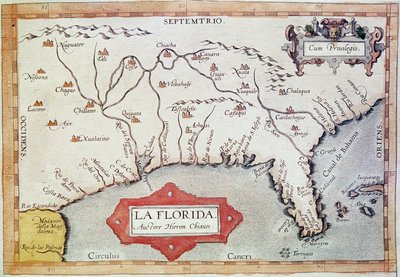“Florida”nın haritalanması. Yengeç Dönencesi, Bahamalar ve Tortugas Adaları#39;nı görebiliriz. Haritacı Abraham Ortelius#39;un (1527-1598) yazdığı quot;Theatre Orbis Terrarumquot; adlı eser by Unbekannter Künstler