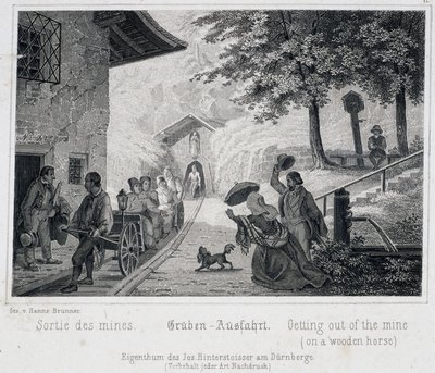 Tuz madeni: 1850 civarında Durrnburg, Avusturya'da raylar üzerinde çekilen ahşap bir araç üzerinde turistlerin madenden çıkışı by Unbekannt