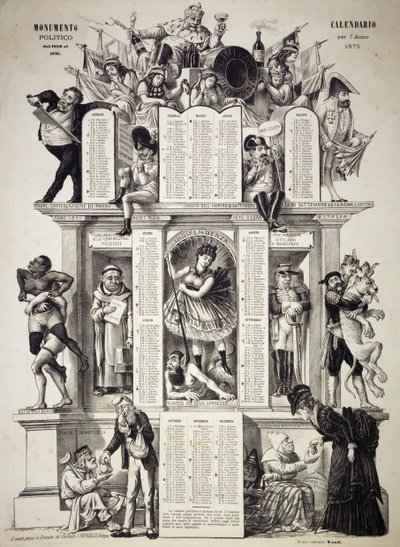 Anıtsal siyasi takvim, 1875 yılı, Giorgio Ansaldi tarafından Dalsani (1844-1922 olarak da bilinir), sol altta, Grossi Augusto