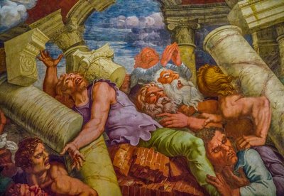 Maniyerizm'in en ünlü freski: Giulio Romano'nun illüzyonu bir kubbe icat eder ve odanın mimarisini devlerin düşüşü, Devler Salonu'na dönüştürür. by Unbekannter Künstler