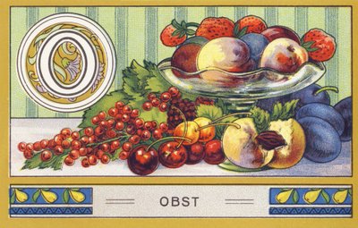 O : Meyve - Alfabe Palmin. Düzenleyen kromolitograf serisi H. Schlinck & Cie, Hamburg, s.d. . Publicite Palmin en iyi hindistancevizi yağını dökün. Boyutlar : 7 x 11 cm by William M. Timlin