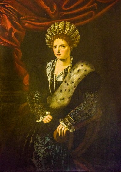 Isabella d'Este'nin yağlı boya tablosu, Tiziano Vecellio'nun kopyası, yakl. 1630, Palazzo Ducale, Kraliyet Sarayı, San Giorgio Kalesi, Mantua, Lombardiya, İtalya, Avrupa (fotoğraf) by Unbekannter Künstler
