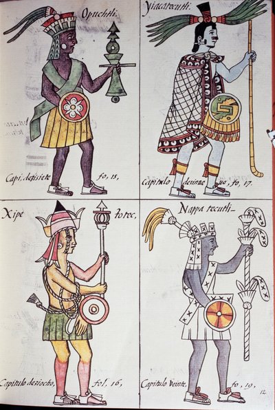 Opochtli, Xipe Totec, Yacatecuhtli ve Nappatecutli, Florentine Codex'ten Sayfa, İspanyolca ve Nahuatl Sürümü, Yeni İspanya Şeylerinin Genel Tarihi, Aztek by Benjamin Baud