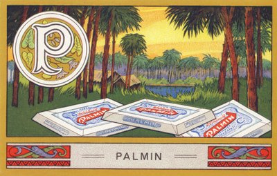 P: Palmin - Alfabe Palmin. H. Schlinck & Cie, Hamburg, s. d. . Palmin feinstes Cocosfett için reklam. Boyutlar: 7 x 11 cm by William M. Timlin