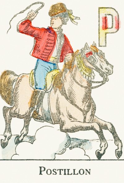 P: Postilion, Kazak kostümlü genç bir binici - "Alphabet des jeux"den gravür, yaklaşık 1890 by Unbekannt
