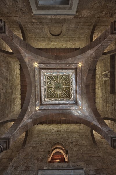 Palermo, Kraliyet Sarayı veya Palazzo dei Normanni (Normanların Sarayı), Joharia Kulesi, Rüzgar Odası: merkezinde Rüzgar Gülü (Pusula Gülü) bulunan ahşap tepe noktası Zenithal görünümü by Unbekannter Künstler