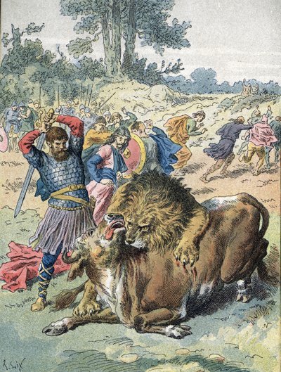 Pepin the Brief, cesaretini kanıtlamak için Champ de Mars'ta bir aslan ve bir boğayla dövüşüyor (751) by Unbekannter Künstler