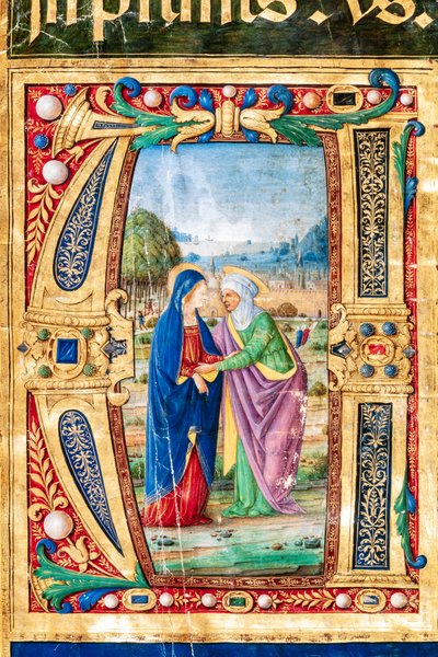 Piccolomini Kütüphanesi: koro kitabı, morina. 14.P., ff. 2r ile “Yaşlı Boccardino olarak bilinen Giovanni di Giuliano Boccardi tarafından Meryem ve Aziz Elizabeth