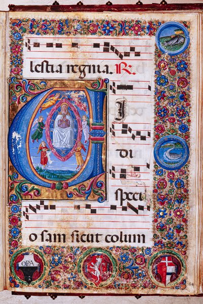 Piccolomini Kütüphanesi: koro kitabı, morina. 15.Q., ff. Guidoccio Cozzarelli ve Bernardino Cignoni tarafından “Bakirenin Varsayımı” ile 64r. by Unbekannter Künstler