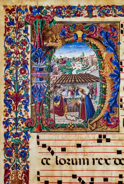 Piccolomini Kütüphanesi: koro kitabı, morina. 2.B, ff. Floransalı aydınlatıcı tarafından “Doğuş” ile 5v. Detay. by Unbekannter Künstler