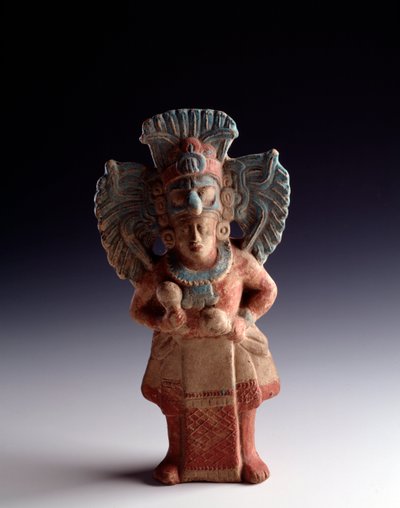Kolomb öncesi sanat, Maya uygarlığı, geç klasik dönem: ayakta duran bir figürü temsil eden antropomorfik kil heykelciği, müzik aleti işlevine sahiptir. Nebaj, Kiş, Guatemala