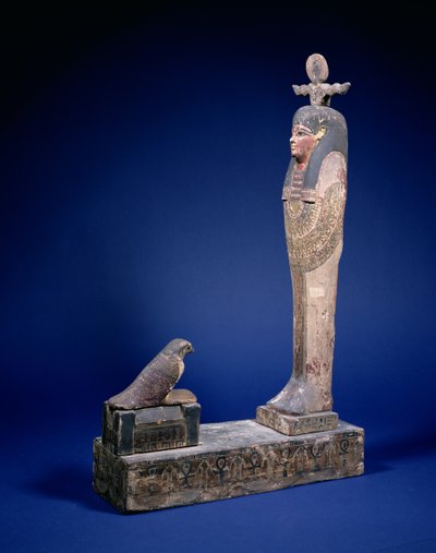 Horus şahinli bir lahitle karşı karşıya kalan bir kutu kaide üzerinde duran Ptah-Soker-Osiris figürü, cenaze nesnesi, Mısır, Ptolemaios Dönemi, c. MÖ 200 (çok renkli ahşap) by Unbekannt