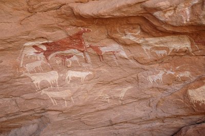 Kaya sanatı, Tarih Öncesi: Sudan (Karkur-Talh veya Karkur Talh) Uweinat masifinde süslü bir barınakta bir dizi sığırın resmi. MÖ 8000 ila 3000 yıl arası dönem. fotoğrafçılık by Unbekannt