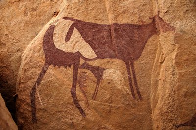 Kaya sanatı, Tarih Öncesi: Sudan, Uweinat masifinde süslü bir barınakta iki tonlu büyük bir ineğin ve buzağının kaya resmi. MÖ 8000 ila 3000 yıl arası dönem. fotoğrafçılık by Unbekannt