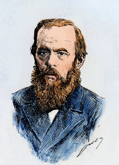 Rus romancı Fyodor Dostoyevski (1821-1881). Bir 19. yüzyıl illüstrasyonunun elle renklendirilmiş gravürü by Unbekannter Künstler