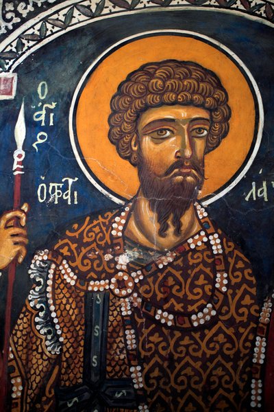Aziz Theodore Stratelates: 14. Yüzyıldan kalma Bizans freski (1332) Phorbiotissa Bakire kilisesi, Asinou Kıbrıs Boyalı kiliseler UNESCO sitesi Troodos, Kıbrıs by Unbekannt