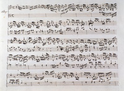 Domenico Scarlatti ve Friedrich Handel tarafından iki eser içeren bir el yazmasından Handel'in Füg için notalar sayfası by Unbekannter Künstler