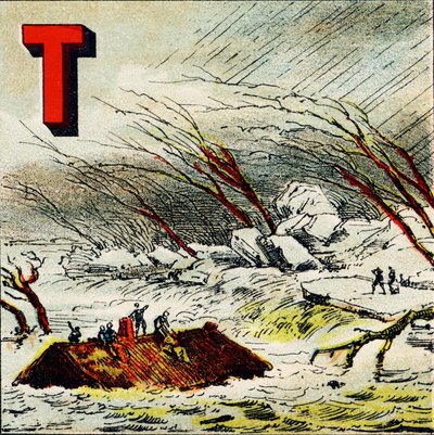 T: Torrent. Arazinin dik eğimi tarafından üretilen çok hızlı bir su akıntısıdır - Coğrafi Alfabeden alınan gravür. Guerin-Muller ve Cie, yayıncılar, Paris by Unbekannt