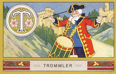 T : Davulcu - Alfabe Palmin. Düzenleyen kromolitograf serisi H. Schlinck & Cie, Hamburg, s.d. . Publicite Palmin en iyi hindistancevizi yağını dökün. Boyutlar : 7 x 11 cm by William M. Timlin
