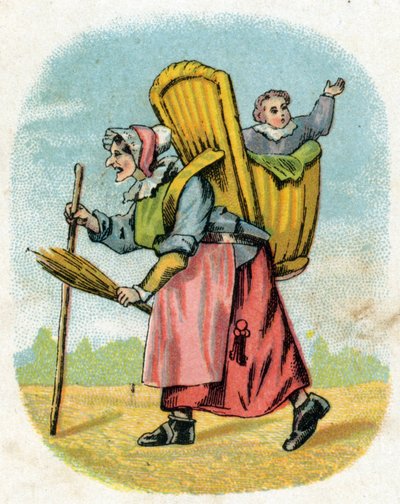 Erkek arkadaş annesi. Okul çocuğu taşıma çantası ile yaşlı kadın okul görevlisi. "Alphabet des petits ecoliers" de gravür. Epinal