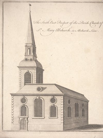Abchurch Lane'deki St. Mary Abchurch Bölge Kilisesi'nin Güney Doğu Görünümü, c.1740 (gravür) by Unbekannter Künstler