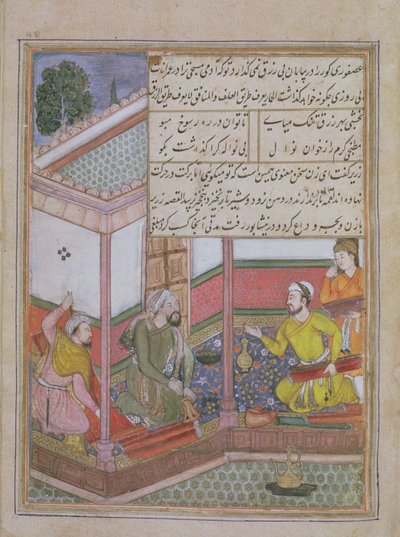 Yirmi Yedinci Gece: Zarir ve diğer iki dokumacı, elinde çantası olan bir adama kumaş satıyor, Tuti Nama (Tutinam) c.1580 (parşömen) by Unbekannt