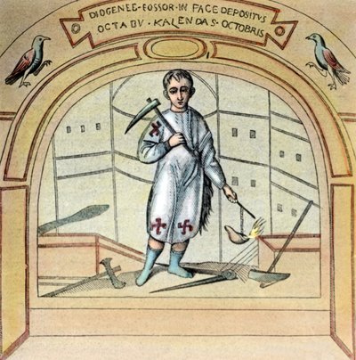 Fossör veya mezar kazıcı Diogenes, Roma, İtalya'daki Via Labicana'daki St Marcellino kilisesinde bir duvar resmi olarak, 1920'ler by Unbekannter Künstler
