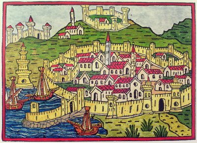 1482'de Napoli limanı ve şehri, 'Cosmographia Universalis'ten (tahta baskı) by Unbekannter Künstler