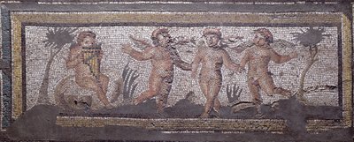 Birinin tava borularını çaldığı üç dans eden putti, Daphne
