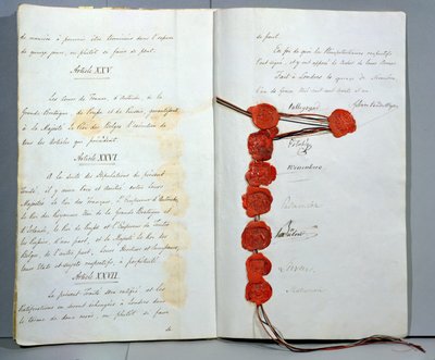 Belçika'yı Egemen Devlet olarak kuran Antlaşma, 15 Kasım 1831'de Londra Konferansı'nda imzalandı (kalem ve mürekkep ve kağıt üzerinde mum) by Unbekannt